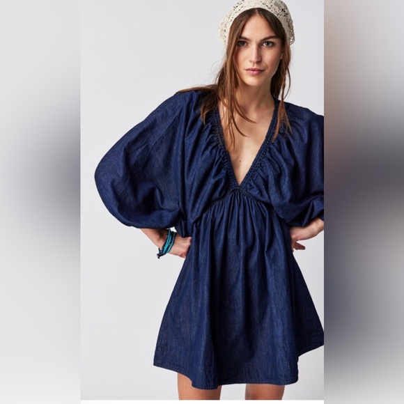 #831 Free People Portia Denim Dress Medium - Picture 1 of 7